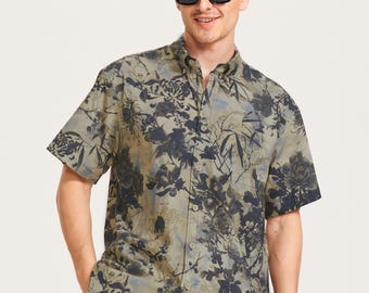 Herren Braun Floral Hawaiihemd: Handbemaltes Baumwoll Aloha Hemd