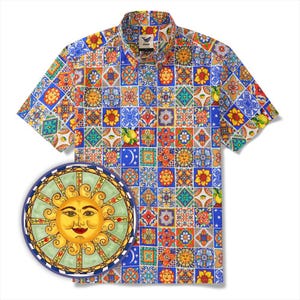 Men&#39;s Hawaiian Shirt: Mediterranean Tile Print Cotton Aloha Shirt