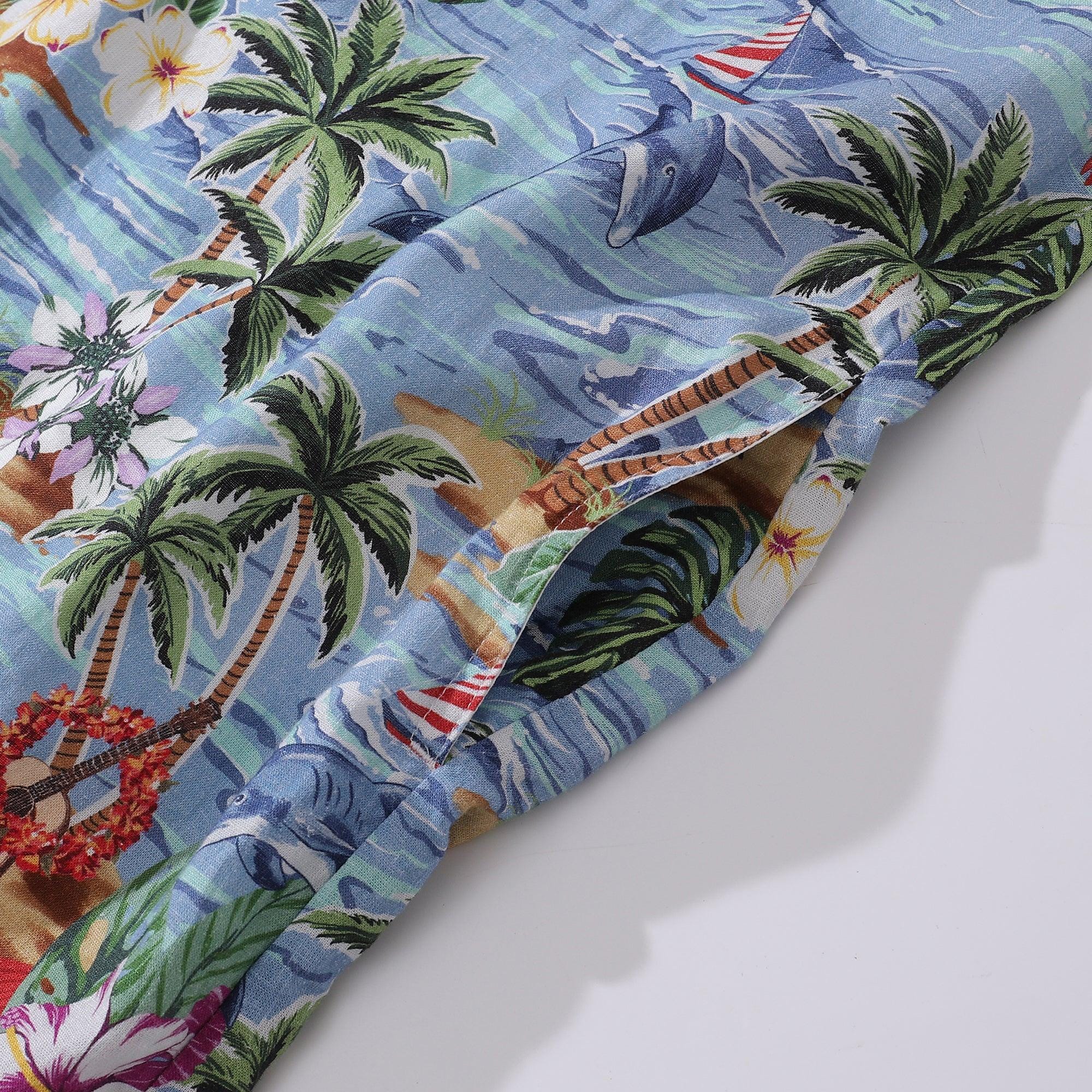Hawaiian Linen Rayon Dress: V-Neck Summer Scenery Print