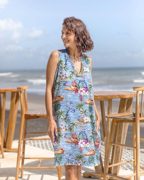 Hawaiian Linen Rayon Dress: V-Neck Summer Scenery Print Hawaiian Linen Rayon Dress: V-Neck Summer Scenery Print