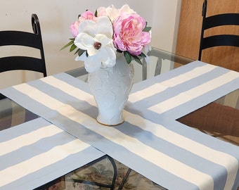 Table Runner – Coastal Farmhouse Fringed Boho Decor - Blue Cream/Striped