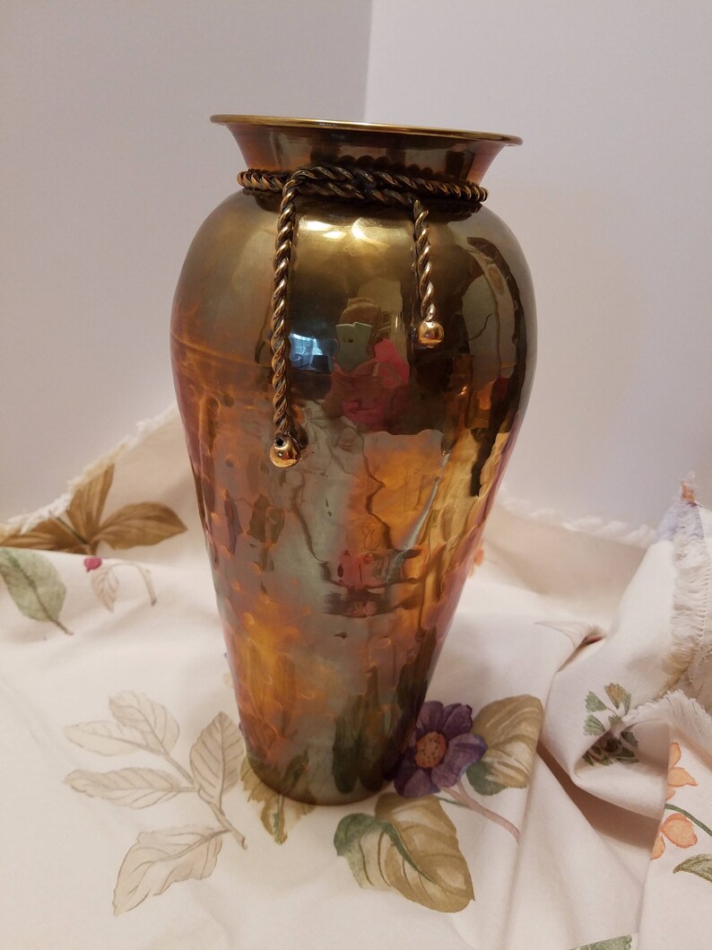 Hammered Brass Vintage Vase Large Size Rope Design Accent Etsy
