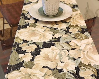 Table Runners - Magnificent Magnolias - Handmade by Me - Floral Table Runner - White Green Black Coloring