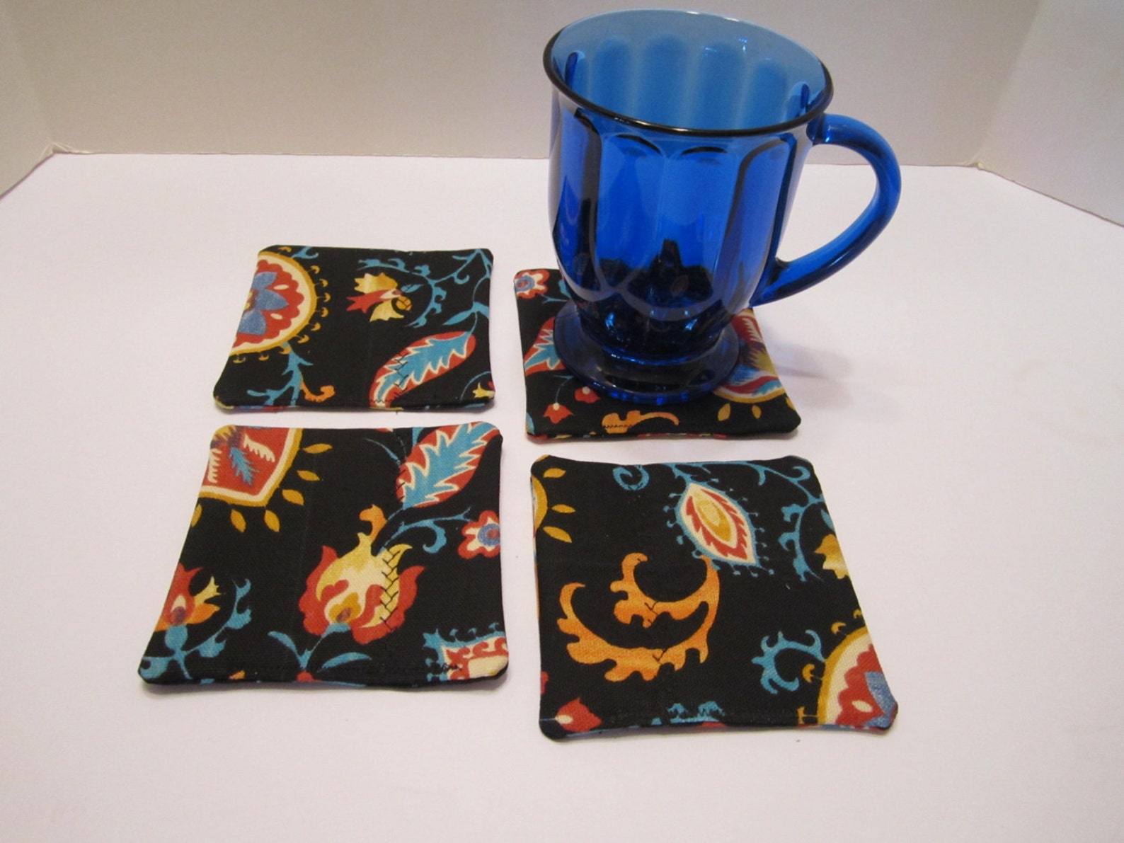 Fabric Drink Coasters Multi Colors on Black Rust Terra Etsy