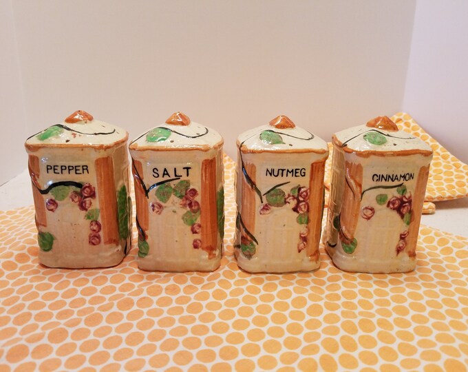 Spice Jars of Ceramic in Majolica Style Vintage Spice Jars/boxes Salt Pepper Nutmeg Cinnamon