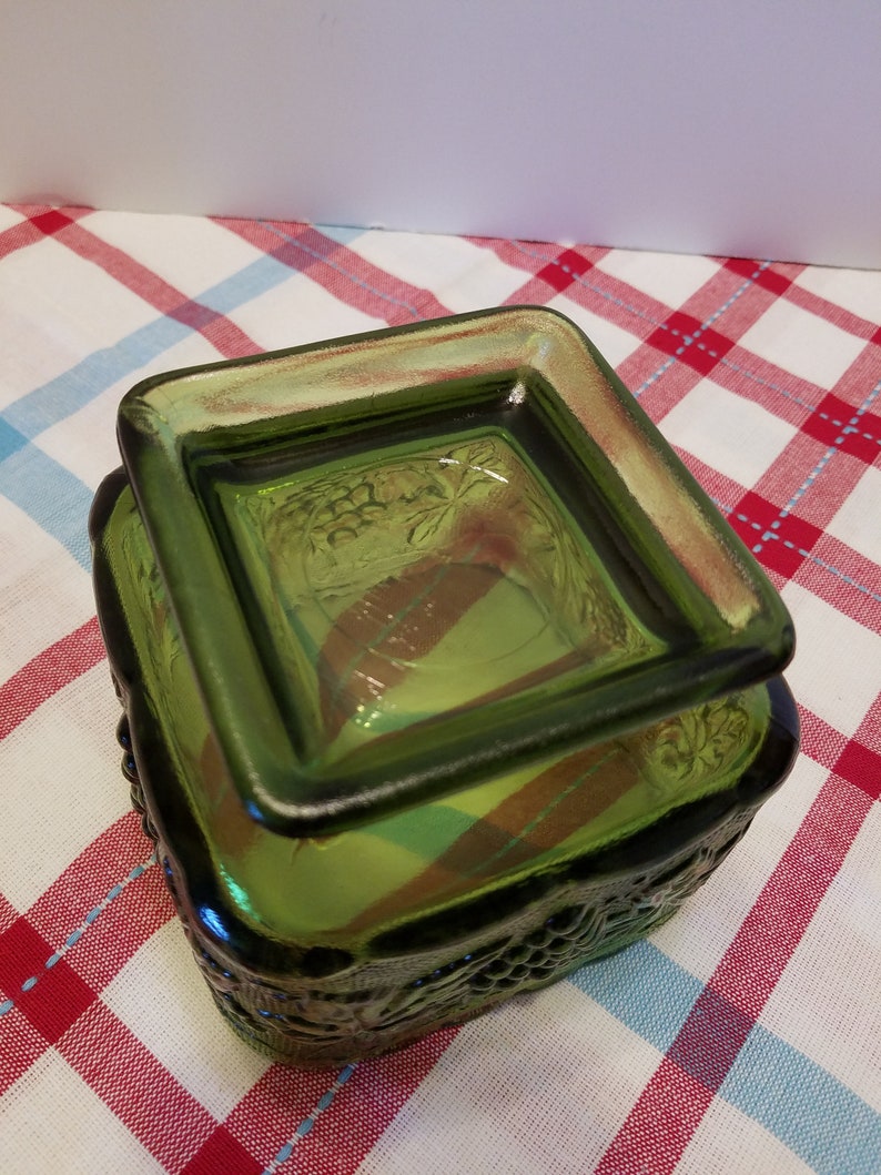 Green Glass Candy Bowl Grape Pattern Scalloped Top Edge Etsy