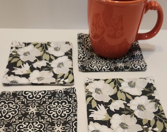 Quilted Fabric Coasters: Modern Farmhouse Floral & Scroll Design - Set of 4