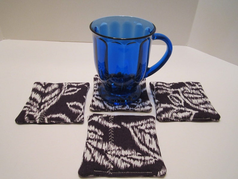 Fabric Drink Coasters in Navy and White Linen Blend With Leaf Etsy