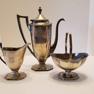 Silverplate Coffee or Tea Server with Sugar and Creamer -Vintage Sheffield Design - Made in USA - H.M.C. E.P.N.S. W.M.M&#39;T&#39;S 0613
