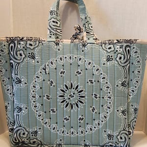 Bandana Tote Bag - Top Handle Tote - Handmade Large Size - Green and White image 4