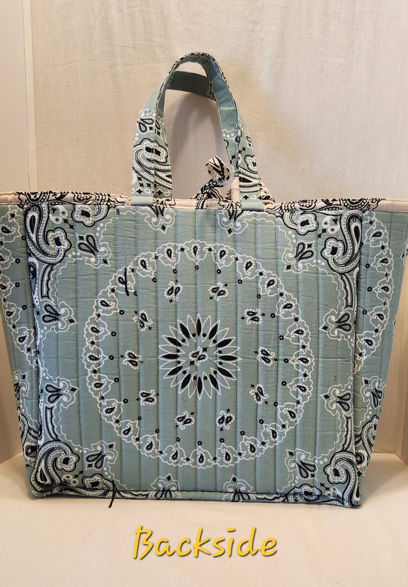 Bandana Tote Bag - Top Handle Tote - Handmade Large Size - Green and White image 4