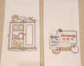 Hand Embroidered Kitchen Dish Towels – Vintage Cupboard, Apple Pie Designs