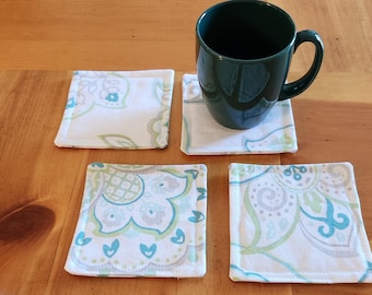 Fabric Drink Coasters - Set of 4 - Lime Green and Aqua Floral - Crazy Paisley
