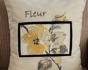 Pillow Cover - Fleur Design - French Country Style - OOAK - Embroidered and Appliqued -Zipper Closure