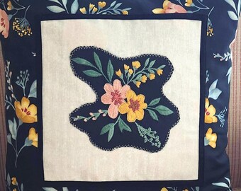 Handmade Embroidered Floral Pillow Cover: Cotton Appliqued Throw Pillow
