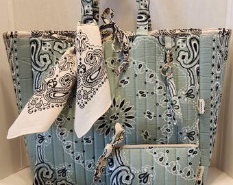 Bandana Tote Bag - Top Handle Tote - With Accessories - Handmade Large Size - MADE TO ORDER