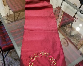 Vintage Christmas Table Runner - Red/Burgundy Taffeta Ribbon Embroidery and Tassels - Christmas Dining Decor