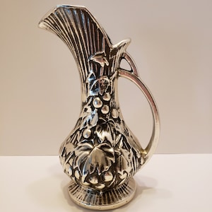 Vase/Pitcher in Grape and Ivy Design by USA - Silver and Black Embossed - Mid-Century