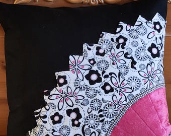 Handmade Appliqued Pillow Cover: Black, Pink Floral Fan Design (17x17 Inch)