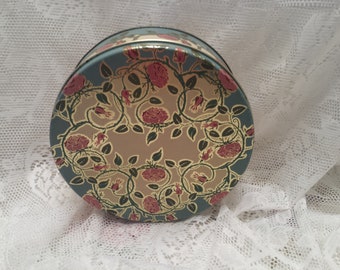 Vintage Floral Candy Tin - Rose Vines in Pink Turquoise and Gold - Collectible Tin - Storage Tin - Decor Tin