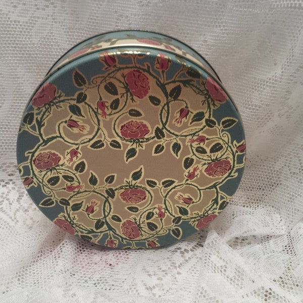 Vintage Floral Candy Tin - Rose Vines in Pink Turquoise and Gold - Collectible Tin - Storage Tin - Decor Tin
