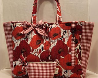 Bandana Tote Bag - Top Handle Tote - Handmade by Me - Medium Size - Red Poppies Fabric