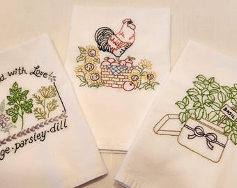 Hand Embroidered Kitchen Dish Towels – Rooster, Herbs, Basil Designs