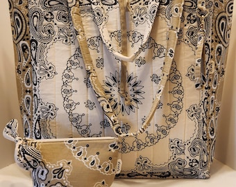Quilted Tote Bag Bandana Style Handmade with Accessories - Extra Large Size