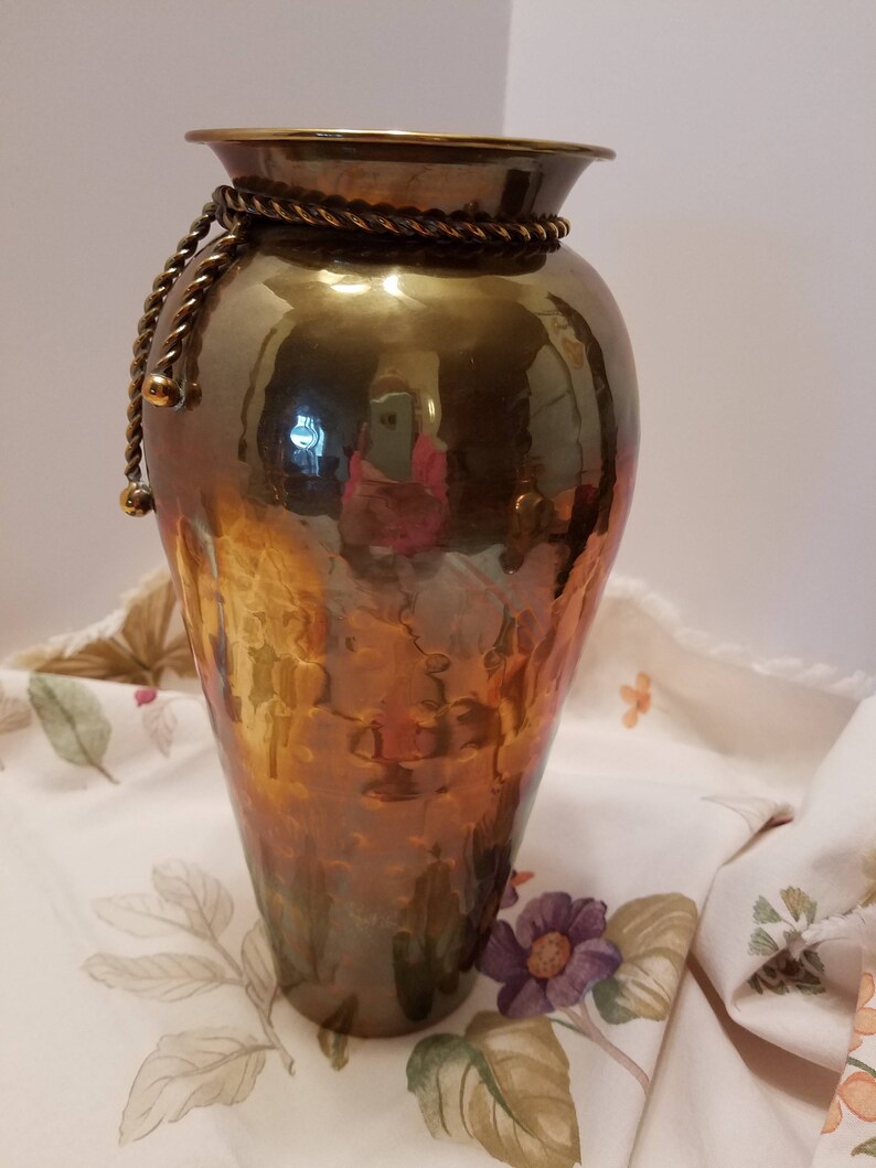 Hammered Brass Vintage Vase Large Size Rope Design Accent Etsy