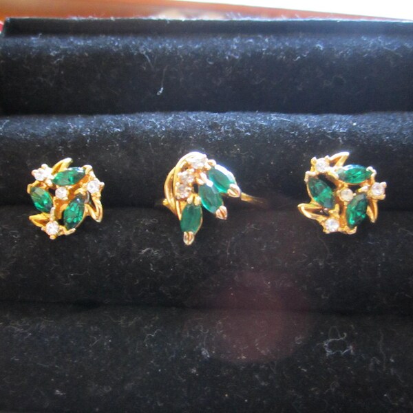 Emerald Rhinestones and Cubic Zirconia Ring and Matching Pierced Earrings - Vintage