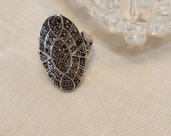 Art Deco Marcasite Vintage Ring - Statement Ring Style Oblong Oval - Size 6