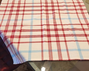 Upcycled Cotton Tablecloth: Red, White & Aqua Plaid (29 x 52)