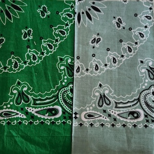 May include: Two folded bandanas featuring a traditional paisley pattern in black and white. The left bandana is dark green, and the right bandana is sage green. The text Dark Green and Sage Green is printed above each respective fabric piece.
