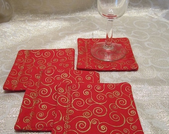 Fabric Drink Coasters Mug Rugs - Red with Gold Spirals - Christmas Decor - Set of 4