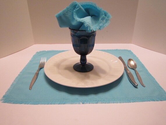 Linen Like Fabric Napkins/Placemats Place Mats with Fringed Edges - AQUA/Turquoise - Eco Friendly