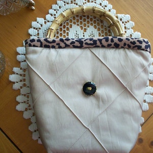 Purse Handbag Small Tote in Beige Satin with Bamboo Handles and Vintage Buttons