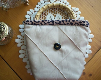 Purse Handbag Small Tote in Beige Satin with Bamboo Handles and Vintage Buttons