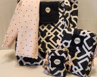 Handmade Geometric Print Tote Bag, Cosmetic Zippered Bags, Scarf Set – Cotton Canvas