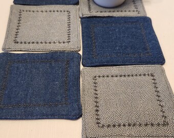 Fabric Drink Coasters Mug Rugs - Blue Denim and Gray Dots - Set of 6