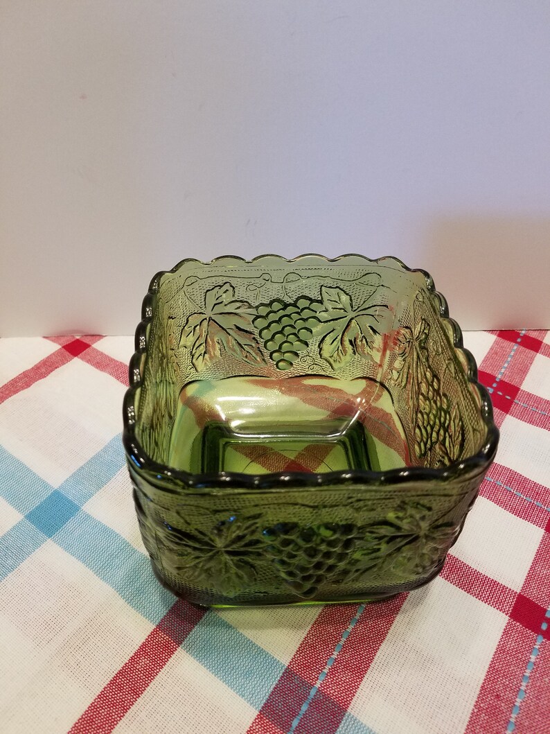Green Glass Candy Bowl Grape Pattern Scalloped Top Edge Etsy