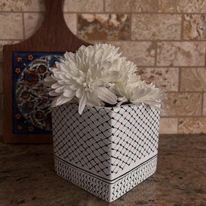 Hand painted 3.75x4x4 terra cotta planter pot. Green white checkered Keffiyeh freedom multi-purpose pot. Palestine inspired decor.