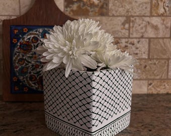 Hand painted 3.75x4x4 terra cotta planter pot. Green white checkered Keffiyeh freedom multi-purpose pot. Palestine inspired decor.