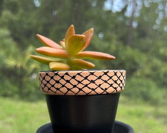 Mini Hand painted Palestine terra cotta planter pot. Mini black/beige 3”x2.75” keffiyeh pot & saucer. (Perfect for window seal).
