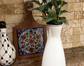 Hand painted 8”x2.75 ceramic vase with faux olive tree branch. White vase with keffiyeh Palestinian design.  Palestine house warming gift