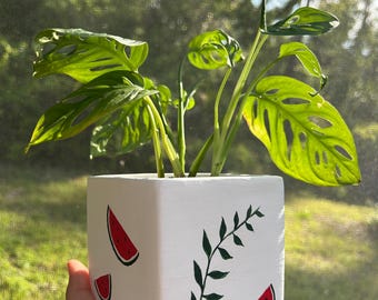 Hand painted 3.75x4x4 square terra cotta planter pot. Watermelon olive leaf multi-purpose pot. Palestine inspired decor.