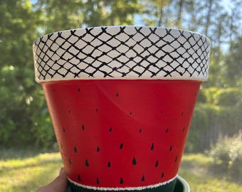 Large Hand painted 8” red/green terra cotta planter pot/saucer. Watermelon keffiyeh Palestine decor.