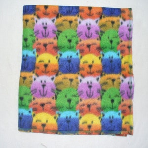 May include: A colorful fleece blanket with a repeating pattern of smiling cats in various colors, including orange, yellow, green, blue, and purple.