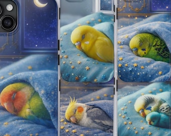 Funda para teléfono con bordado de pájaro estrella fugaz, pájaro durmiendo plácidamente, cielo nocturno de ensueño, funda estética celestial para iPhone