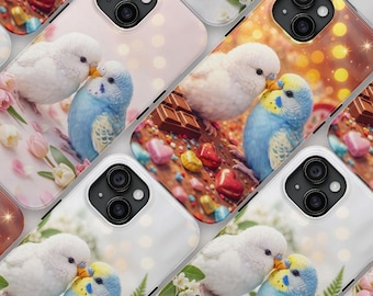 Funda para móvil con diseño de periquitos | Arte romántico de periquitos | Regalo kawaii de pájaros | Regalo de San Valentín para ella
