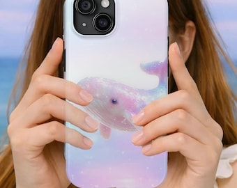 Funda para teléfono con diseño de ballena en tonos pastel - Lindo arte fantástico del océano para iPhone - Ballena kawaii de ensueño - Estética de acuarela suave